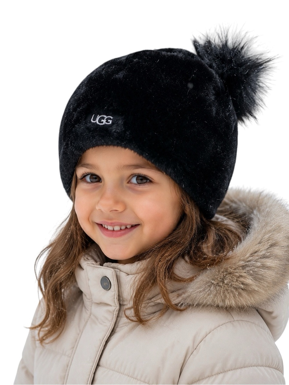 UGG Kids Black Faux Fur Pom Pom Beanie Hat Size 4–6 Yrs NWT